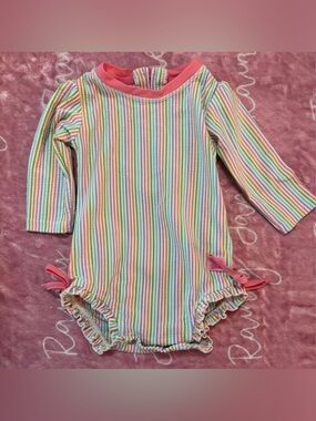 Girls' RuffleButts Rainbow Stripe Long-Sleeve One-Piece Seersucker Swimsuit